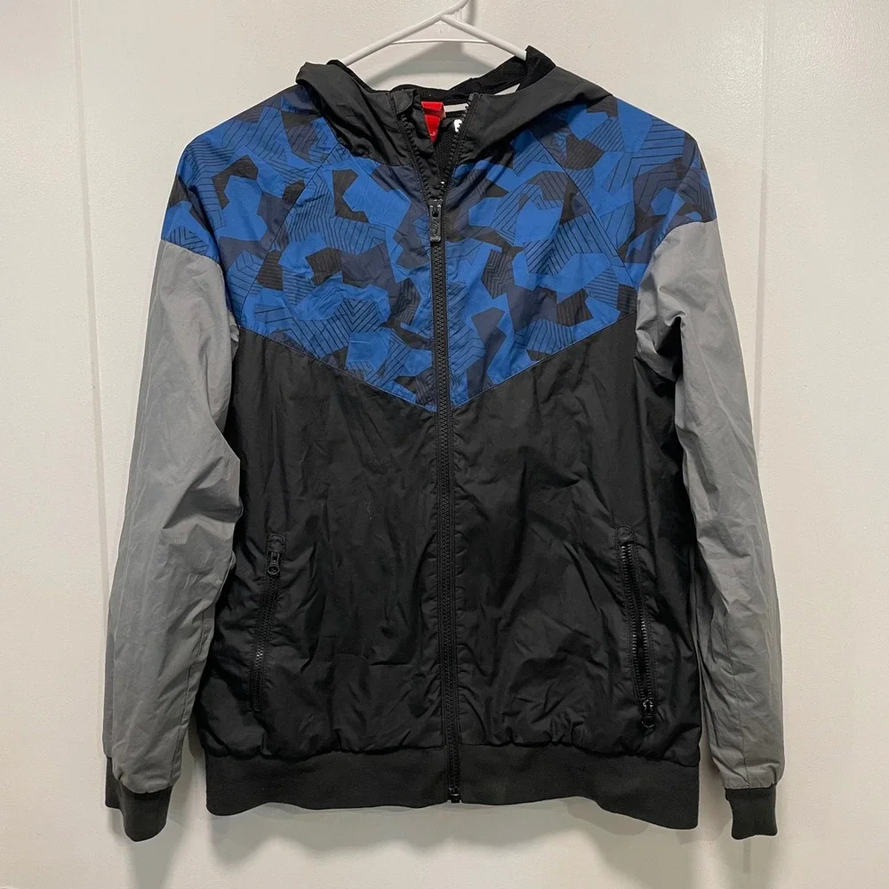 Nike Kids Windrunner Hooded Windbreaker Jacket Blue Grey Black Camo Large L